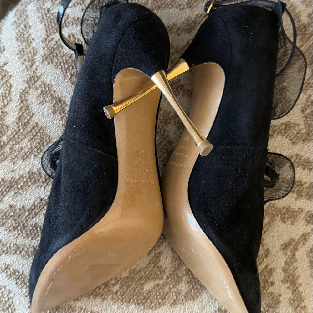 Black suede heels t-strap unique elegant classy pumps pointy toe shoes - Picture 10 of 13